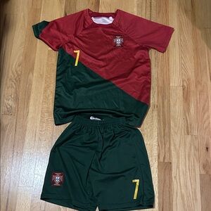 Red and Green Soccer Jersey and Shorts Set
